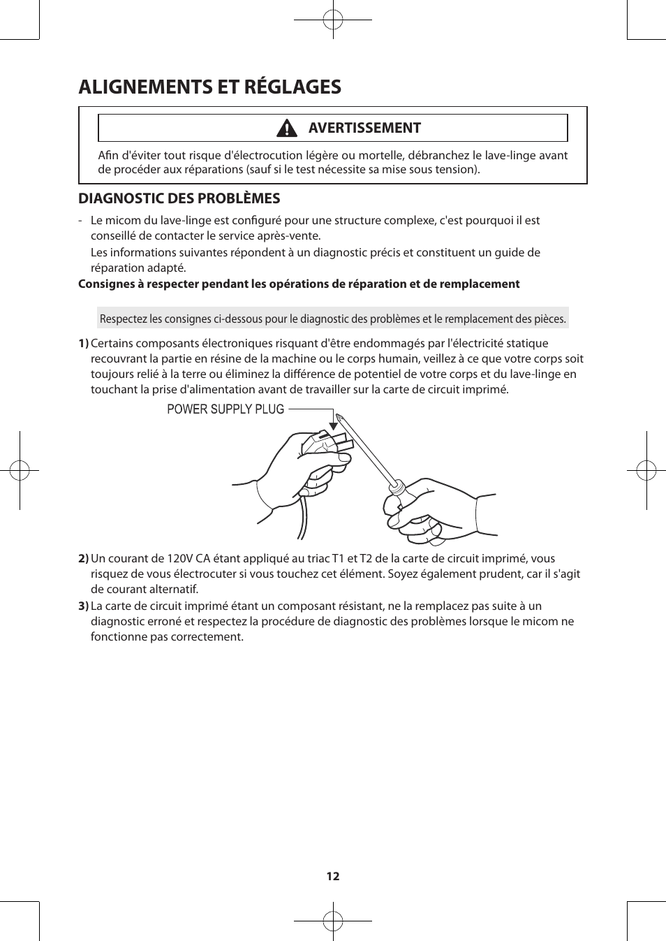 Alignements et réglages, Diagnostic des problèmes, Avertissement | Samsung WA50F9A7DSP-A2 User Manual | Page 52 / 60