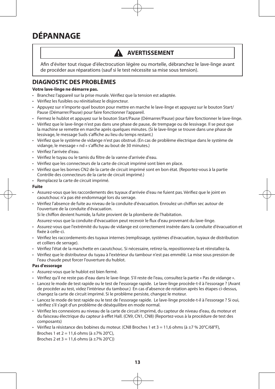 Dépannage, Diagnostic des problèmes, Avertissement | Samsung WA50F9A7DSP-A2 User Manual | Page 53 / 60