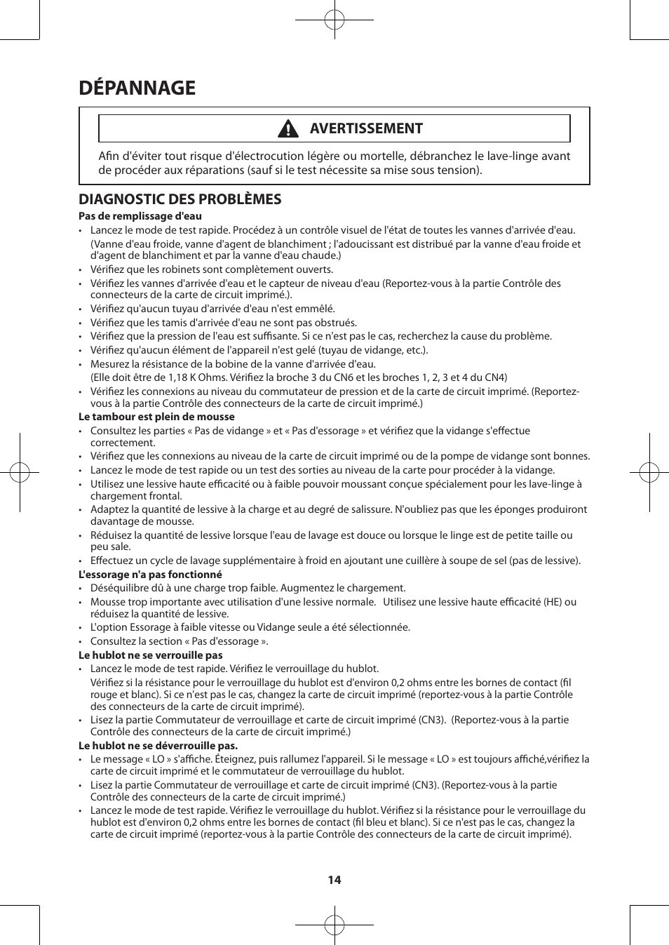 Dépannage, Diagnostic des problèmes, Avertissement | Samsung WA50F9A7DSP-A2 User Manual | Page 54 / 60