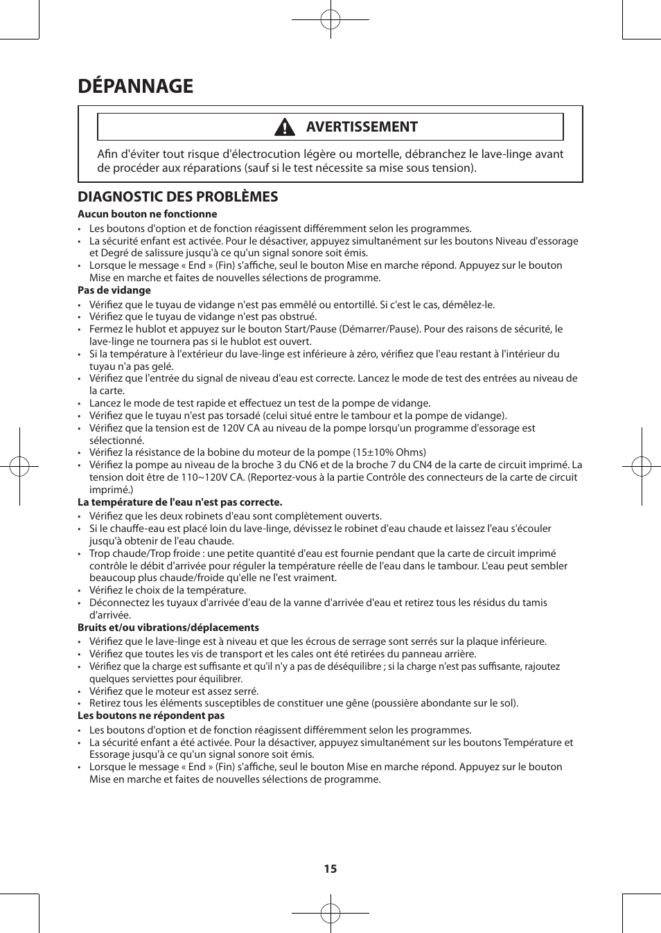 Dépannage, Diagnostic des problèmes, Avertissement | Samsung WA50F9A7DSP-A2 User Manual | Page 55 / 60