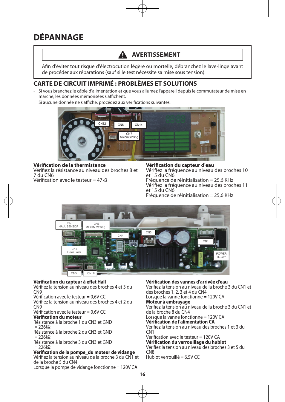 Dépannage, Carte de circuit imprimé : problèmes et solutions, Avertissement | Samsung WA50F9A7DSP-A2 User Manual | Page 56 / 60
