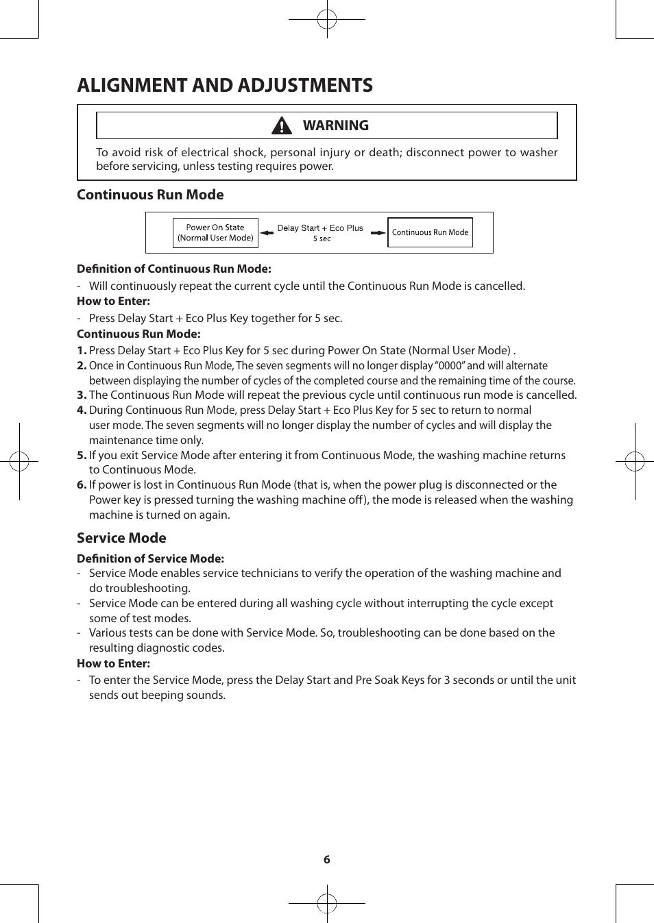 Alignment and adjustments, Continuous run mode, Service mode | Warning | Samsung WA50F9A7DSP-A2 User Manual | Page 6 / 60