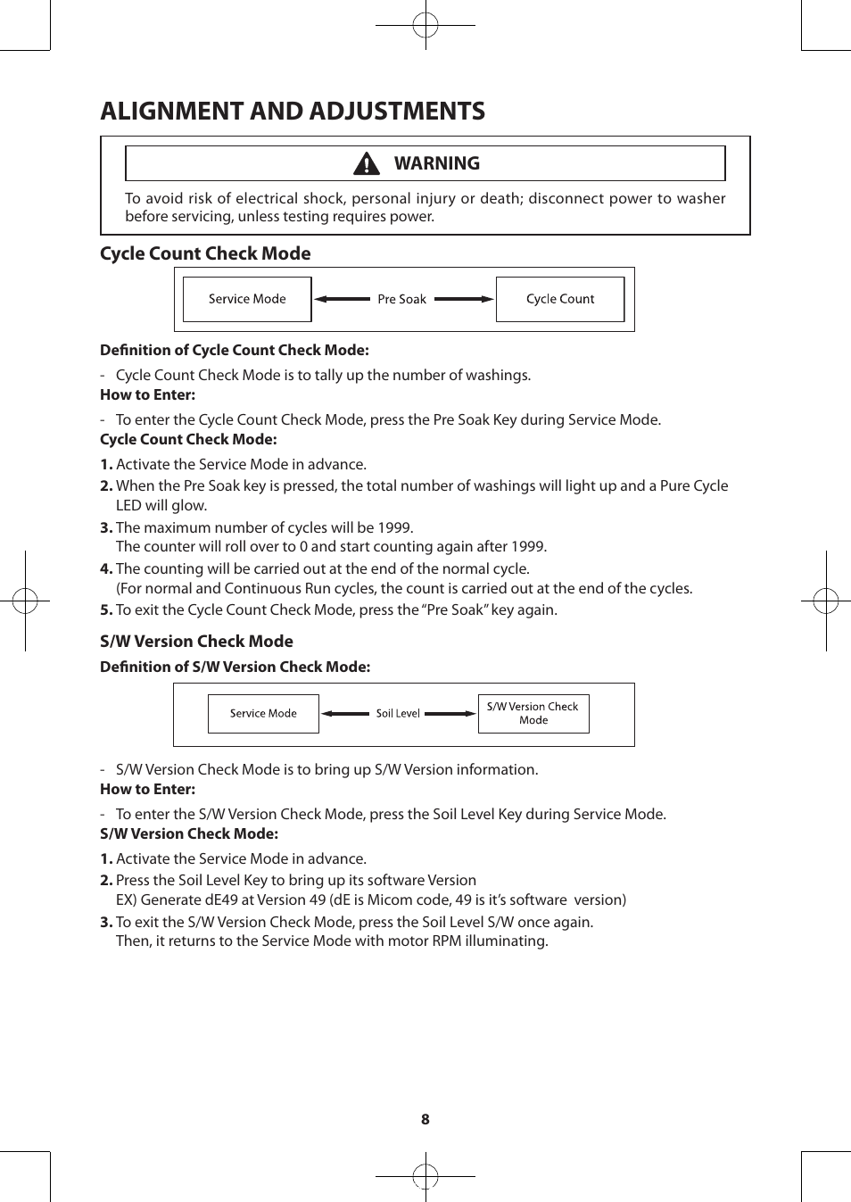 Alignment and adjustments, Cycle count check mode, Warning | Samsung WA50F9A7DSP-A2 User Manual | Page 8 / 60