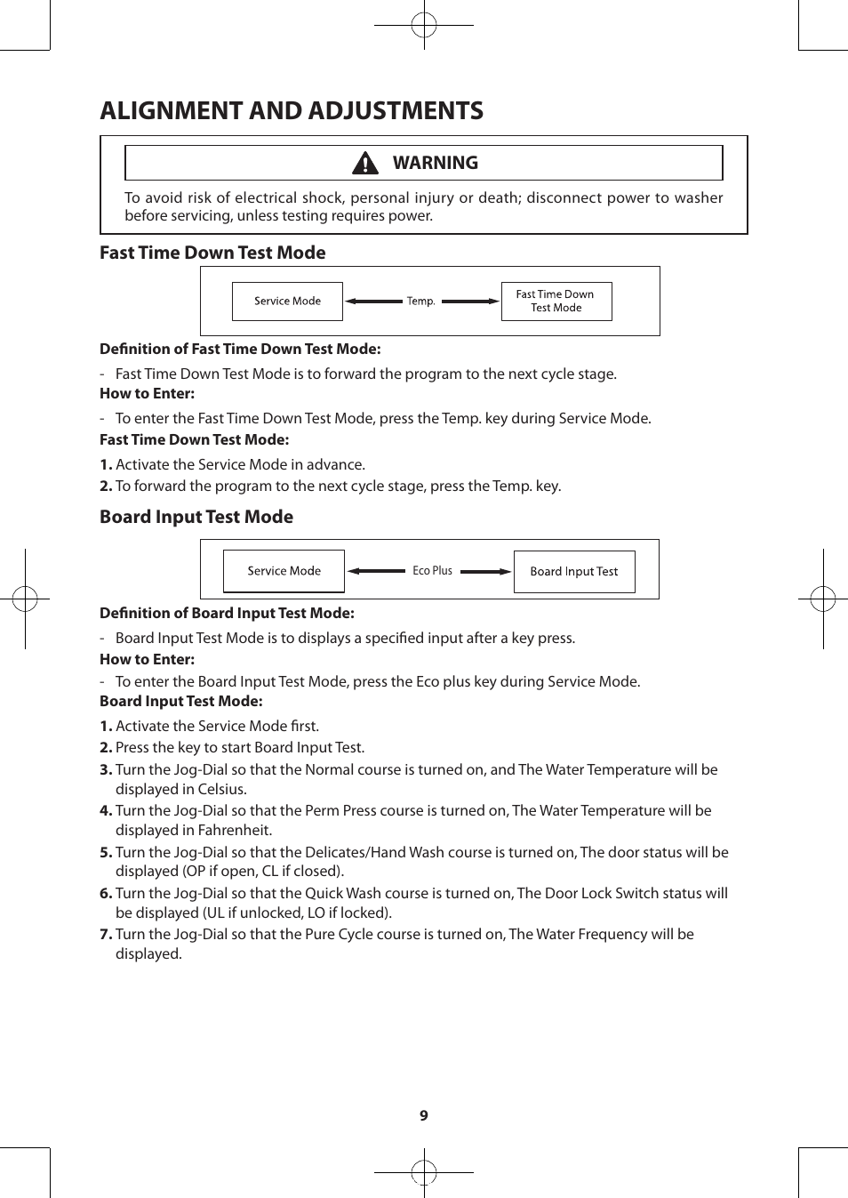 Alignment and adjustments, Fast time down test mode, Board input test mode | Warning | Samsung WA50F9A7DSP-A2 User Manual | Page 9 / 60