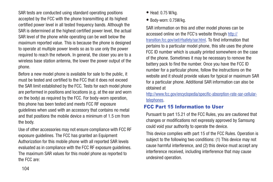 Fcc part 15 information to user | Samsung SCH-U380HKAVZW User Manual | Page 109 / 137