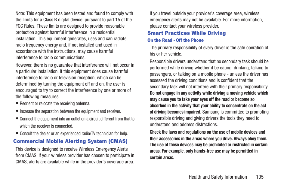 Commercial mobile alerting system (cmas), Smart practices while driving | Samsung SCH-U380HKAVZW User Manual | Page 110 / 137