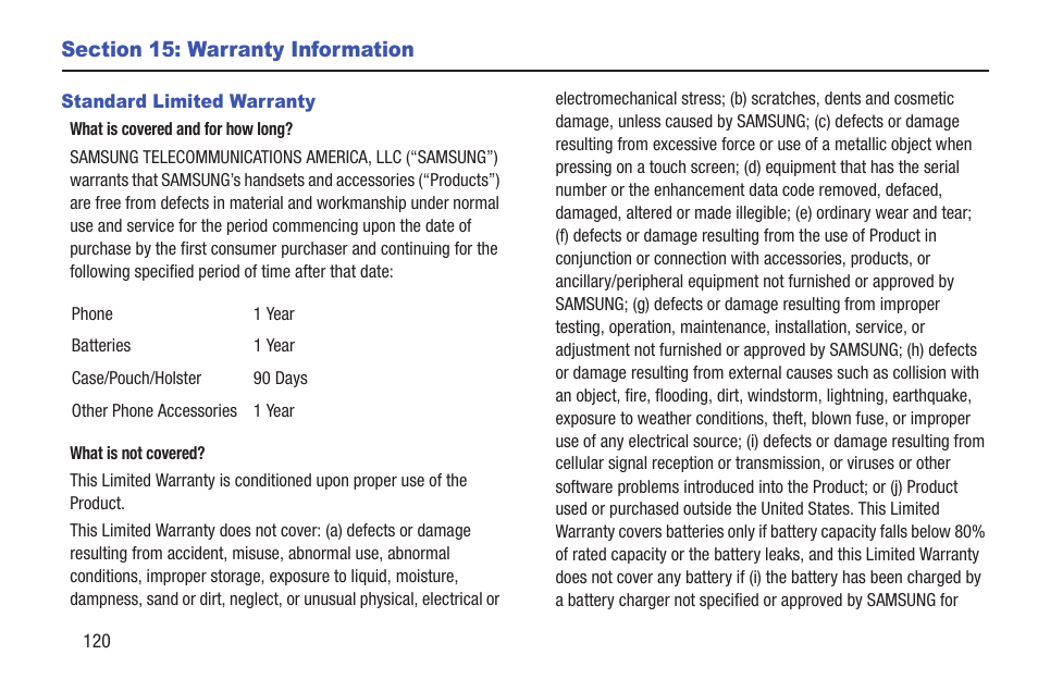 Section 15: warranty information, Standard limited warranty | Samsung SCH-U380HKAVZW User Manual | Page 125 / 137