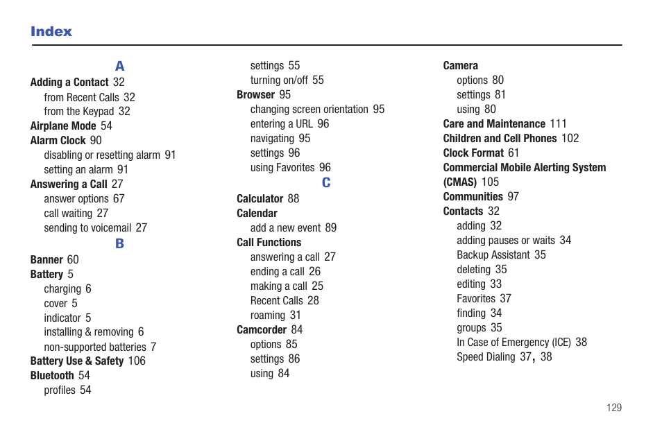 Index | Samsung SCH-U380HKAVZW User Manual | Page 134 / 137