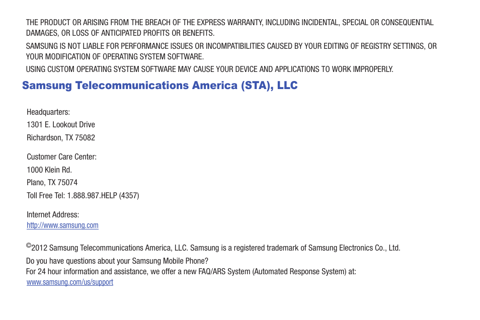 Samsung telecommunications america (sta), llc | Samsung SCH-U380HKAVZW User Manual | Page 4 / 137