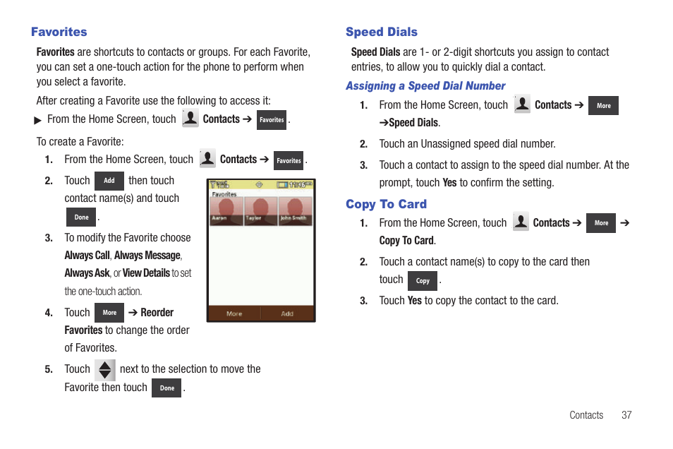 Favorites, Speed dials, Copy to card | Favorites speed dials copy to card | Samsung SCH-U380HKAVZW User Manual | Page 42 / 137