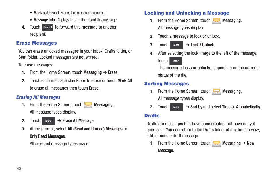 Erase messages, Locking and unlocking a message, Sorting messages | Drafts | Samsung SCH-U380HKAVZW User Manual | Page 53 / 137