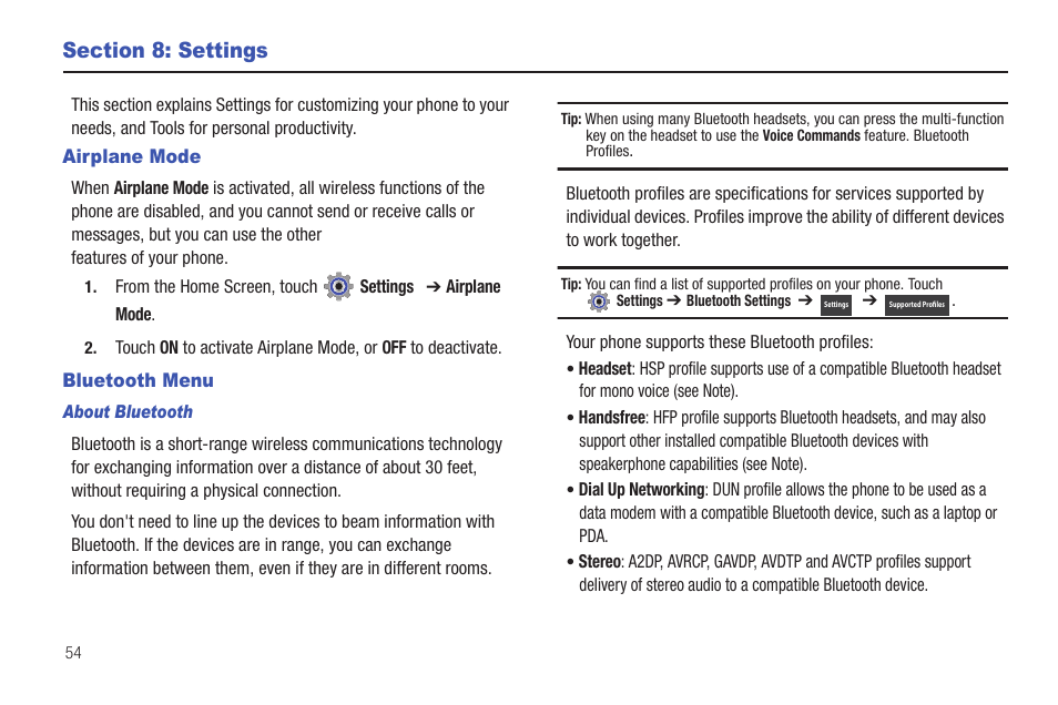 Section 8: settings, Airplane mode, Bluetooth menu | Airplane mode bluetooth menu | Samsung SCH-U380HKAVZW User Manual | Page 59 / 137