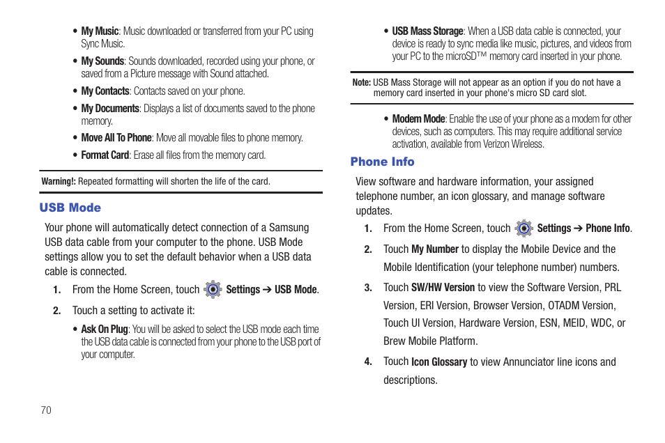 Usb mode, Phone info, Usb mode phone info | N see “phone info” on | Samsung SCH-U380HKAVZW User Manual | Page 75 / 137