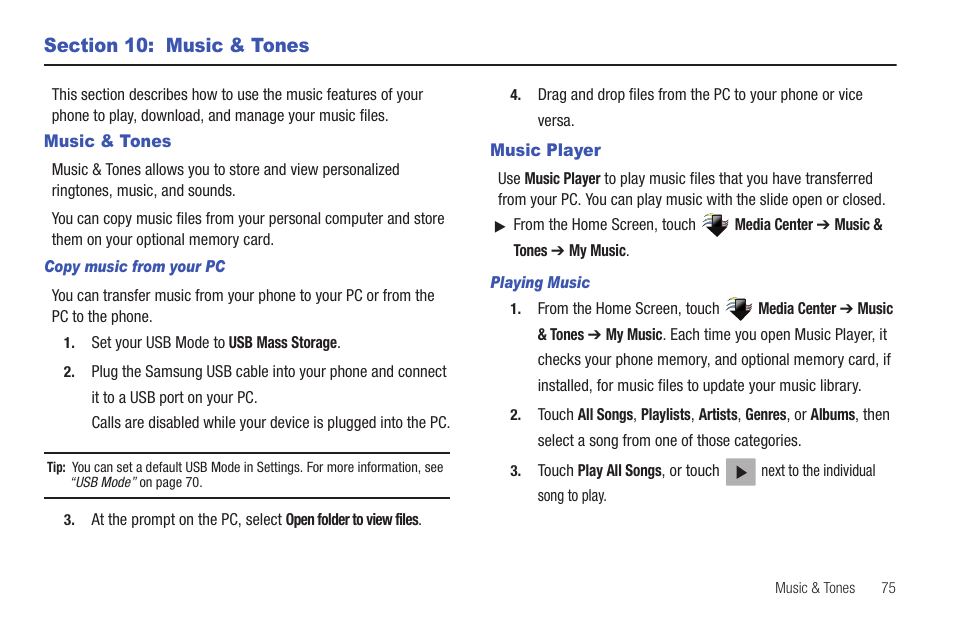 Section 10: music & tones, Music & tones, Music player | Music & tones music player | Samsung SCH-U380HKAVZW User Manual | Page 80 / 137