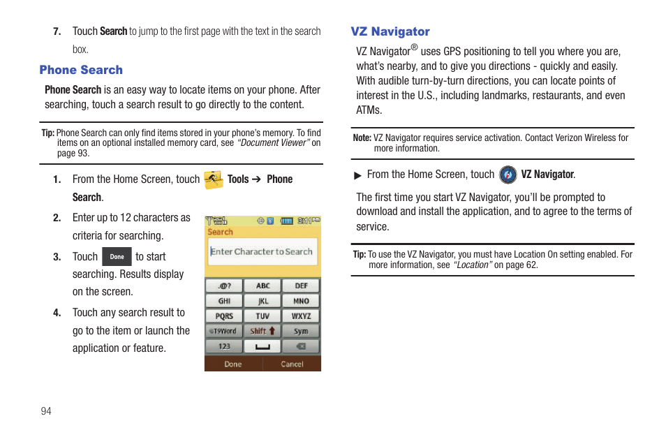 Phone search, Vz navigator, Phone search vz navigator | Samsung SCH-U380HKAVZW User Manual | Page 99 / 137