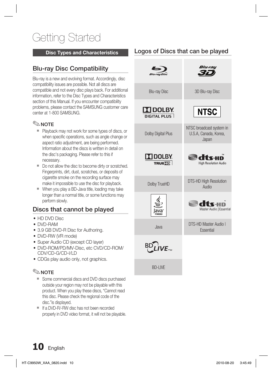 Disc types and characteristics, Getting started | Samsung HT-C9950W-XAA User Manual | Page 10 / 85