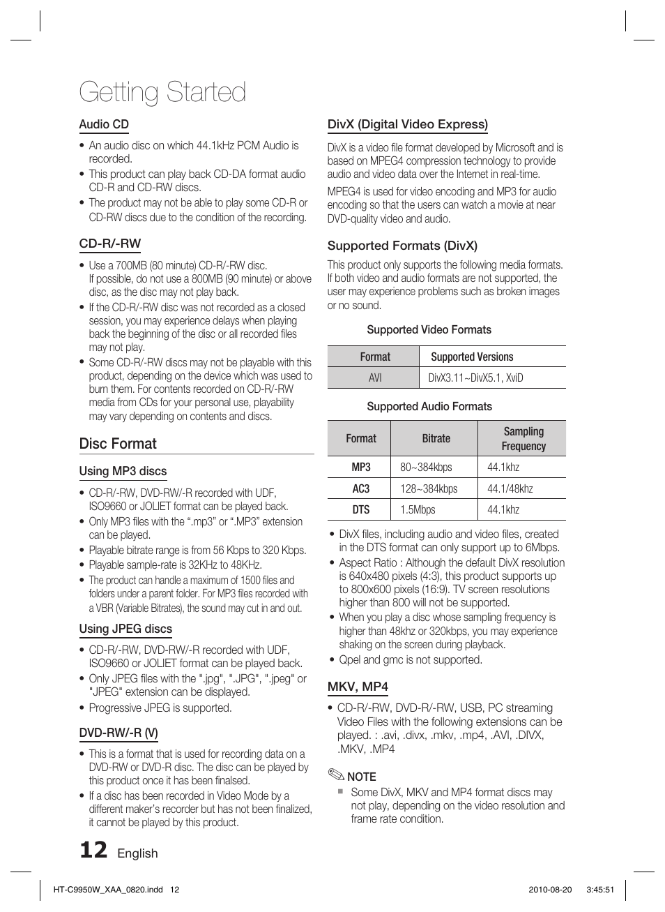 Getting started, Disc format | Samsung HT-C9950W-XAA User Manual | Page 12 / 85