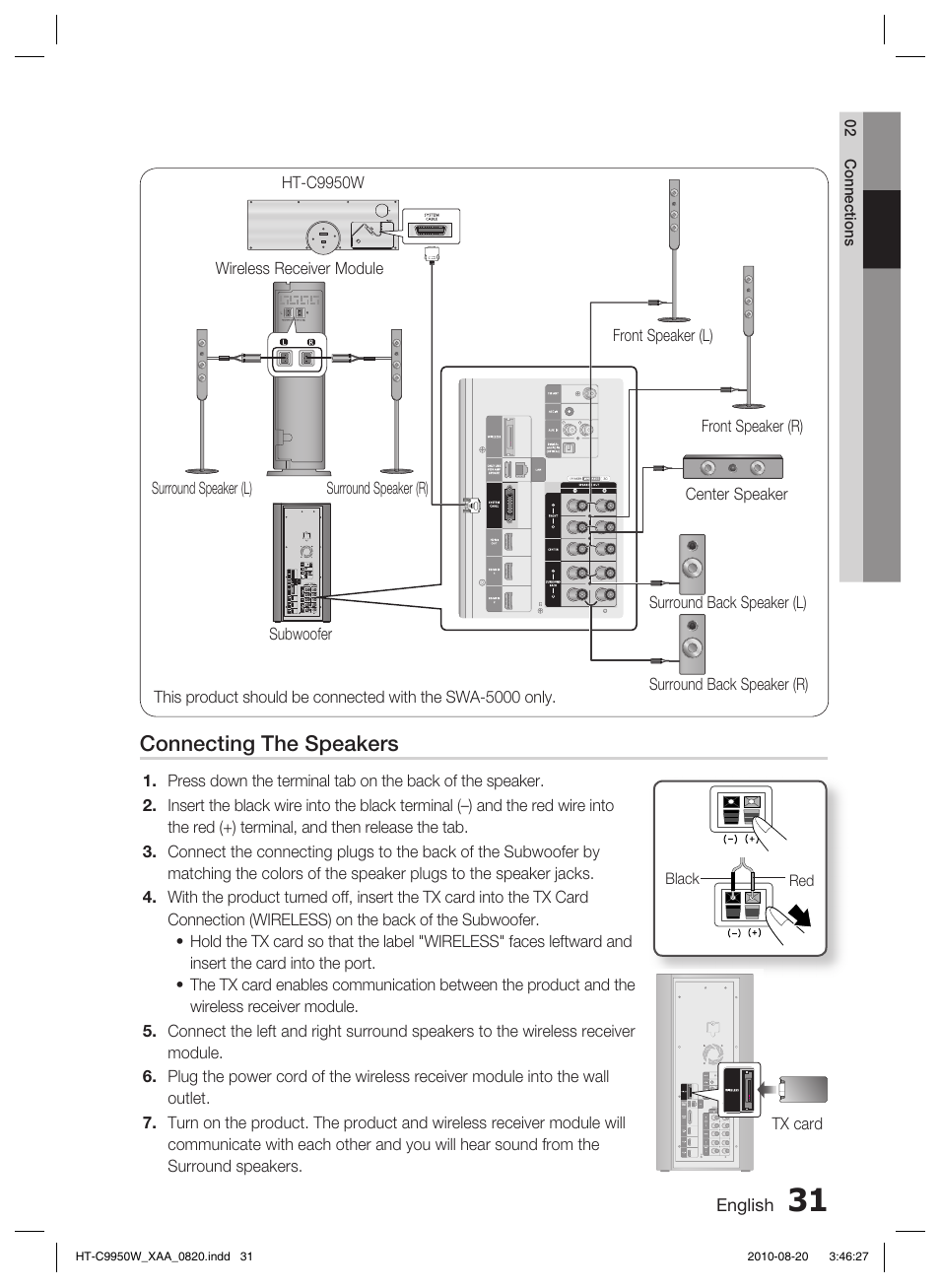 Connecting the speakers | Samsung HT-C9950W-XAA User Manual | Page 31 / 85