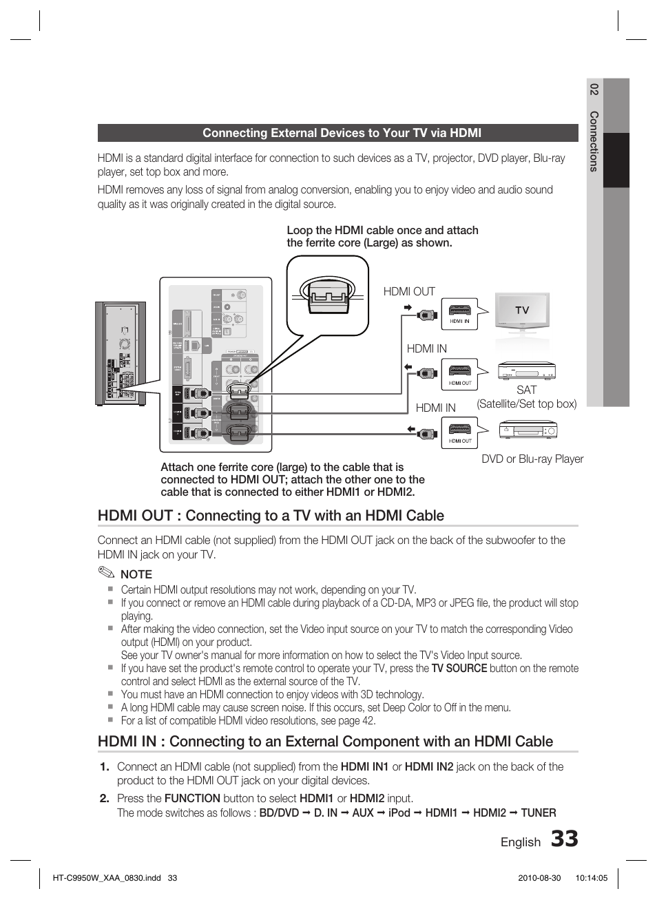 Connecting external devices to your tv via hdmi | Samsung HT-C9950W-XAA User Manual | Page 33 / 85
