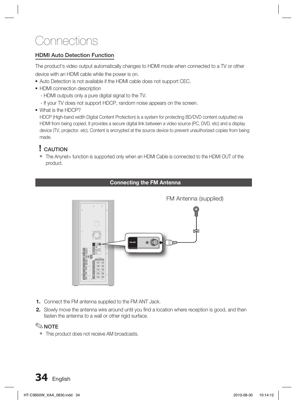 Connecting the fm antenna, Connections | Samsung HT-C9950W-XAA User Manual | Page 34 / 85