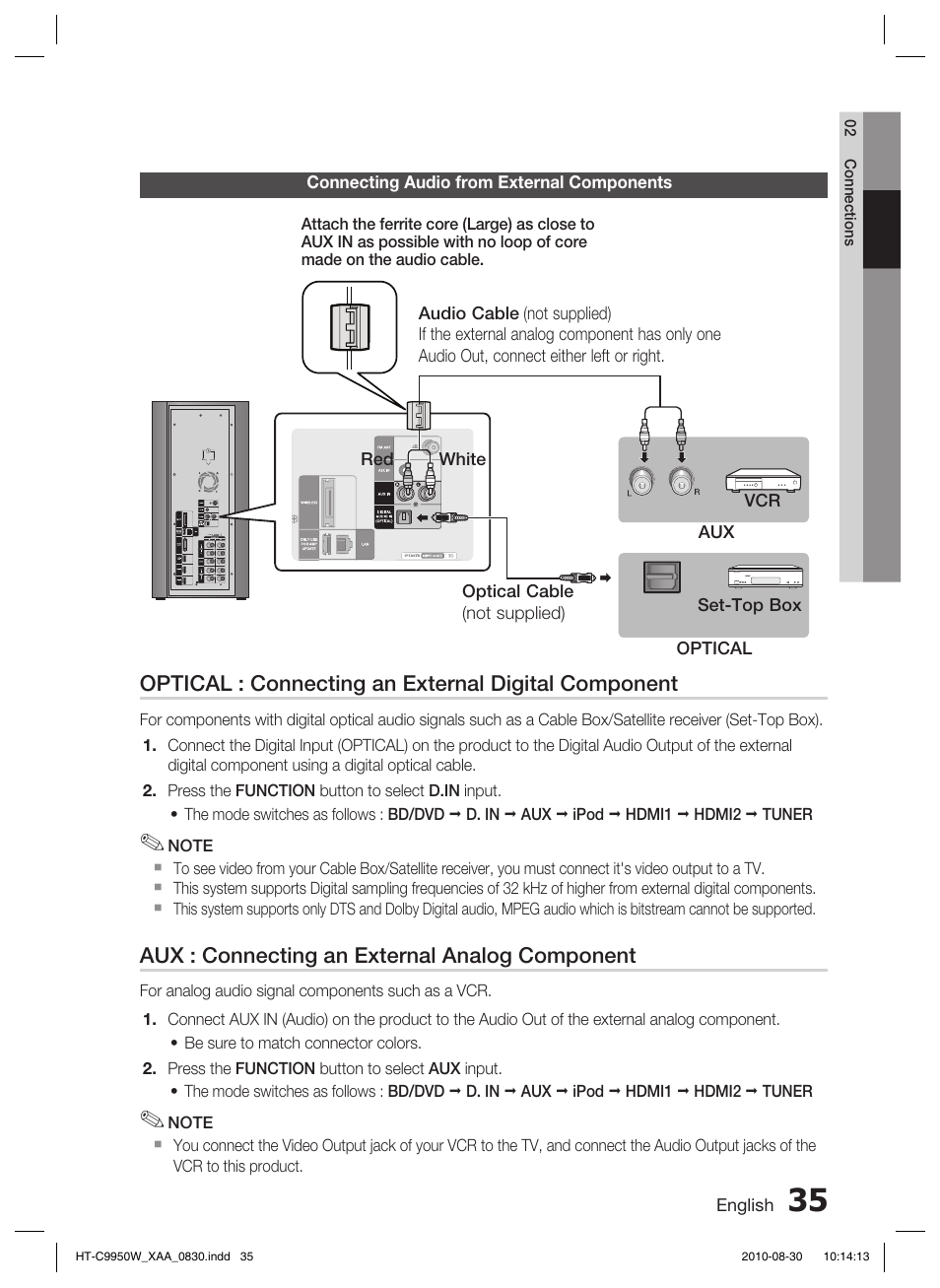 Connecting audio from external components, Optical : connecting an external digital component, Aux : connecting an external analog component | Samsung HT-C9950W-XAA User Manual | Page 35 / 85