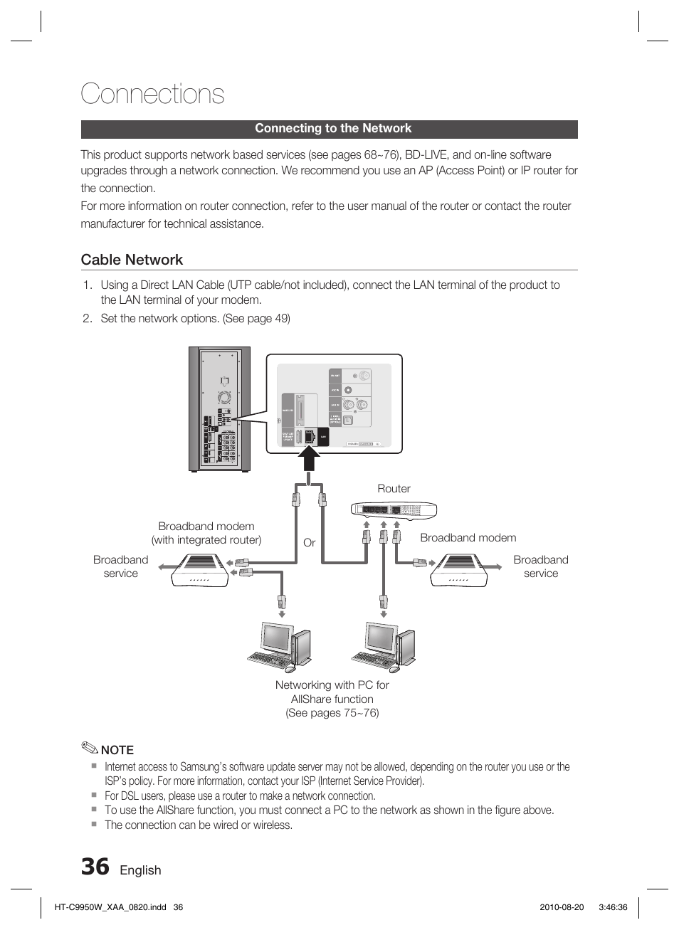 Connecting to the network, Connections | Samsung HT-C9950W-XAA User Manual | Page 36 / 85