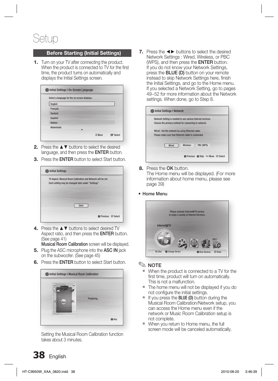 Setup, Before starting (initial settings), English | Home menu | Samsung HT-C9950W-XAA User Manual | Page 38 / 85