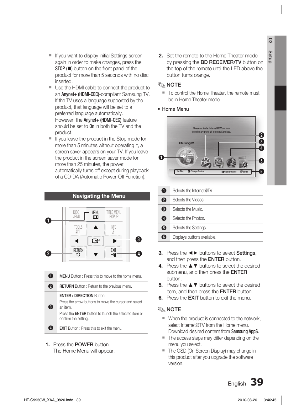 Navigating the menu | Samsung HT-C9950W-XAA User Manual | Page 39 / 85