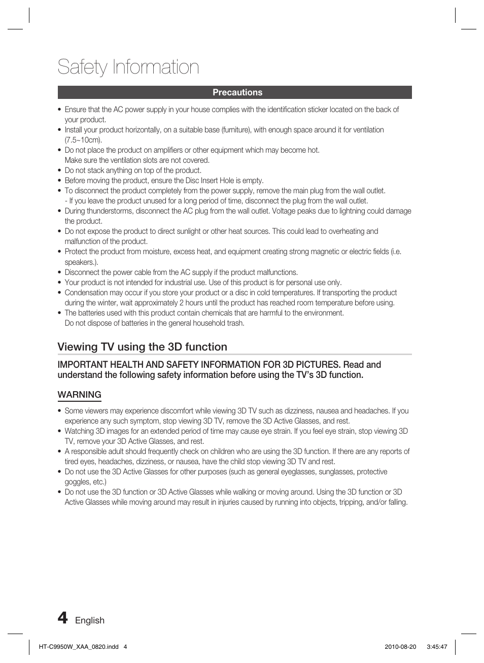 Precautions, Safety information, Viewing tv using the 3d function | Samsung HT-C9950W-XAA User Manual | Page 4 / 85
