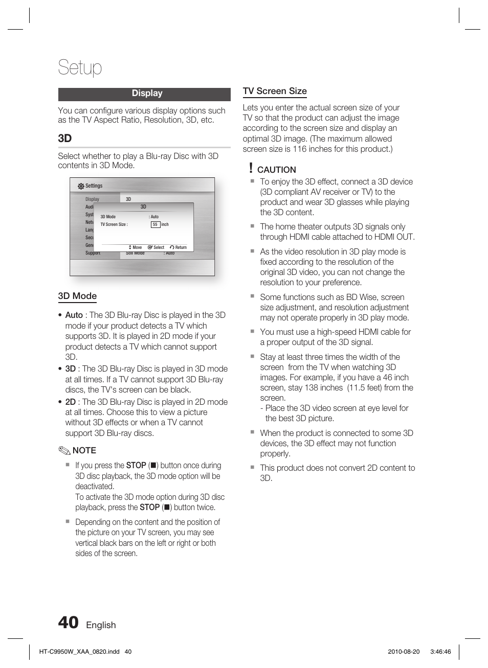Display, Setup | Samsung HT-C9950W-XAA User Manual | Page 40 / 85