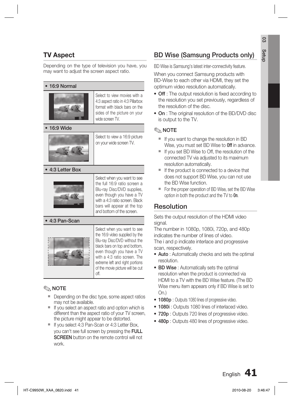 Tv aspect, Bd wise (samsung products only), Resolution | Samsung HT-C9950W-XAA User Manual | Page 41 / 85