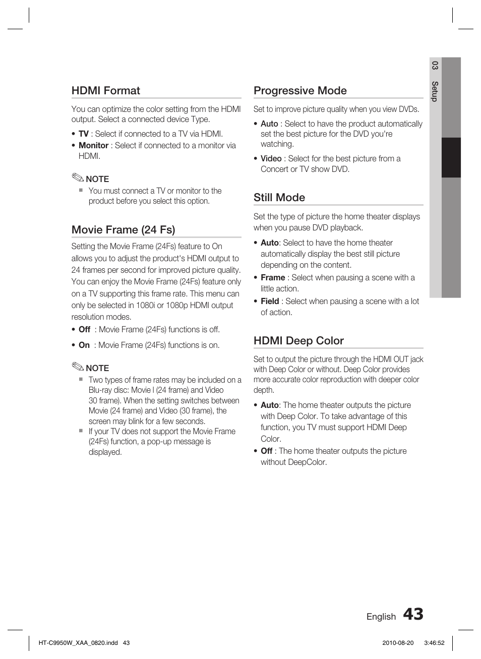 Hdmi format, Movie frame (24 fs), Progressive mode | Still mode, Hdmi deep color | Samsung HT-C9950W-XAA User Manual | Page 43 / 85