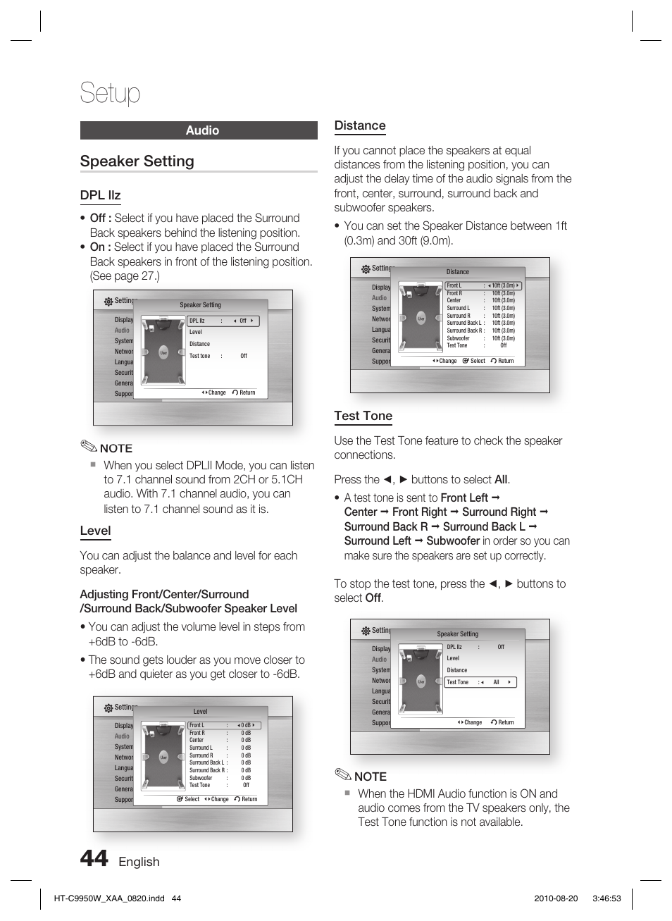 Audio, Setup, Speaker setting | English, Audio distance, Test tone, Dpl llz, Level | Samsung HT-C9950W-XAA User Manual | Page 44 / 85