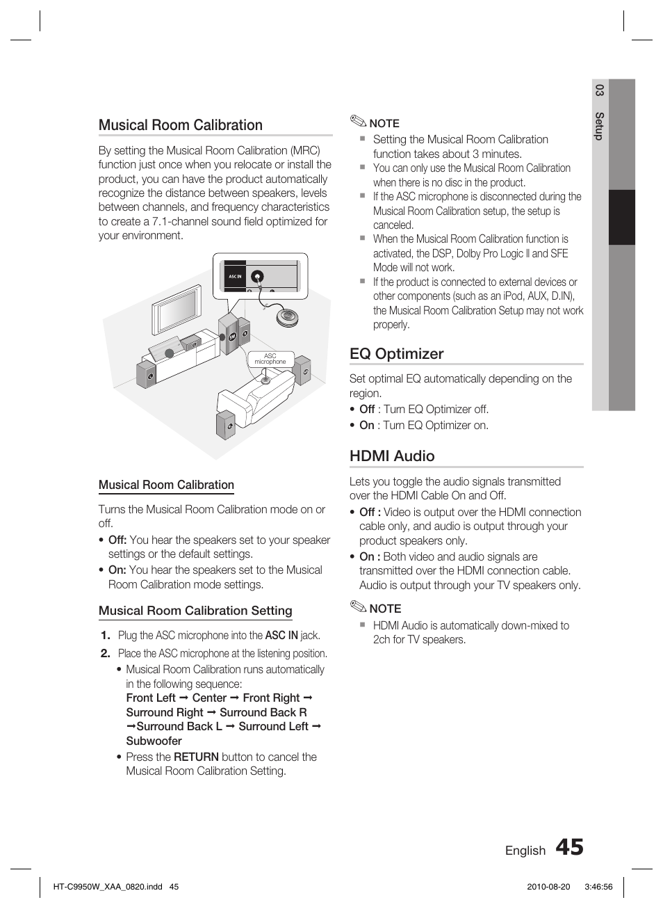 Musical room calibration, Eq optimizer, Hdmi audio | Samsung HT-C9950W-XAA User Manual | Page 45 / 85