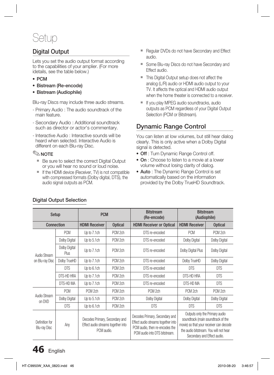 Setup, Digital output, Dynamic range control | Samsung HT-C9950W-XAA User Manual | Page 46 / 85