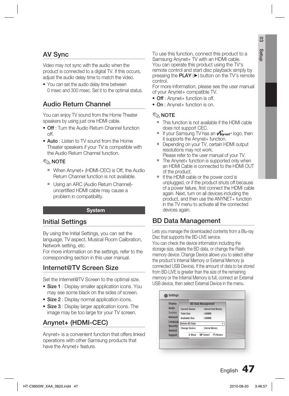 System, Av sync, Audio return channel | Initial settings, Internet@tv screen size, Anynet+ (hdmi-cec), Bd data management | Samsung HT-C9950W-XAA User Manual | Page 47 / 85
