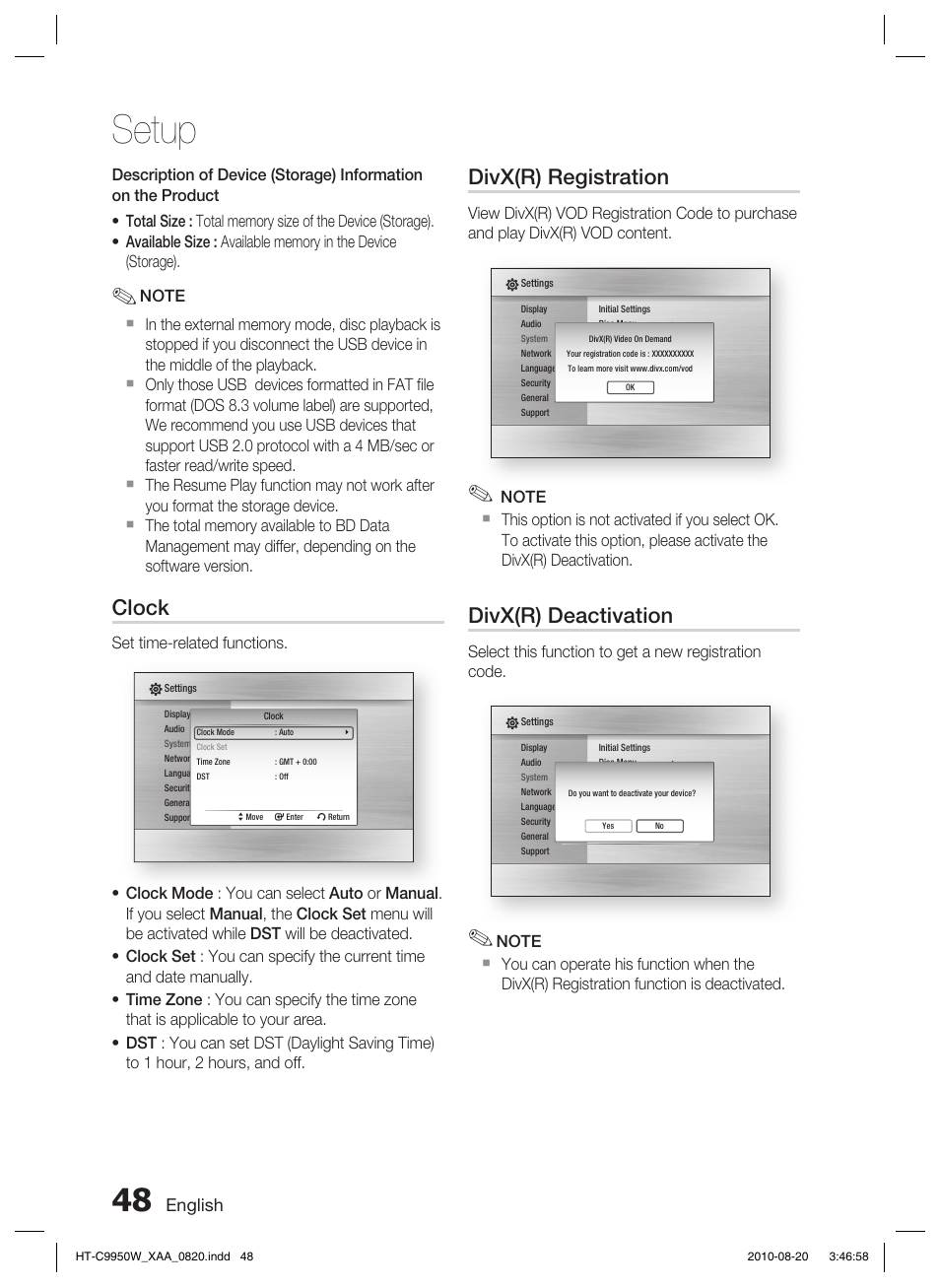 Setup, Clock, Divx(r) registration | Divx(r) deactivation, English | Samsung HT-C9950W-XAA User Manual | Page 48 / 85