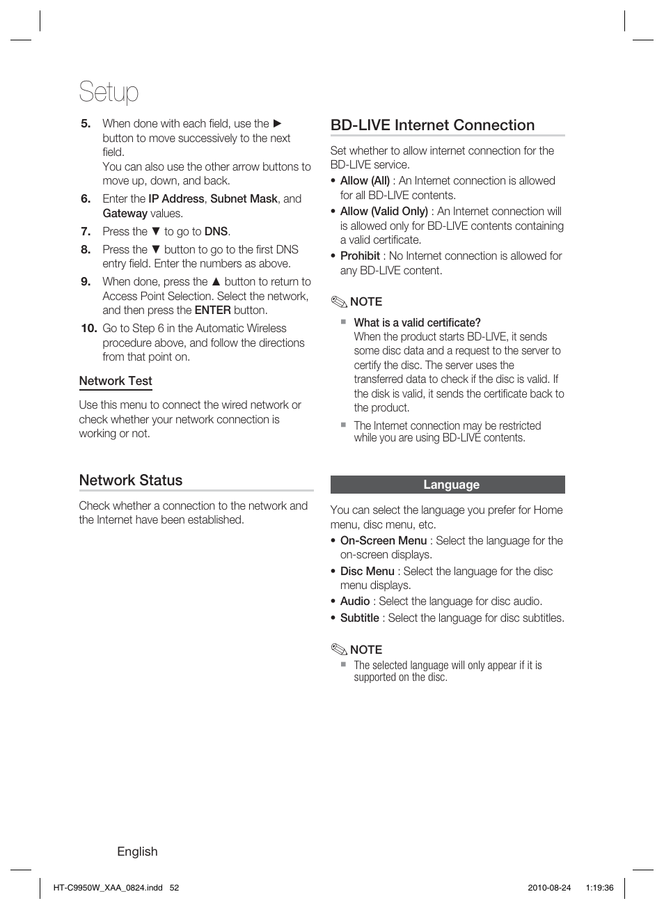 Language, Setup | Samsung HT-C9950W-XAA User Manual | Page 52 / 85