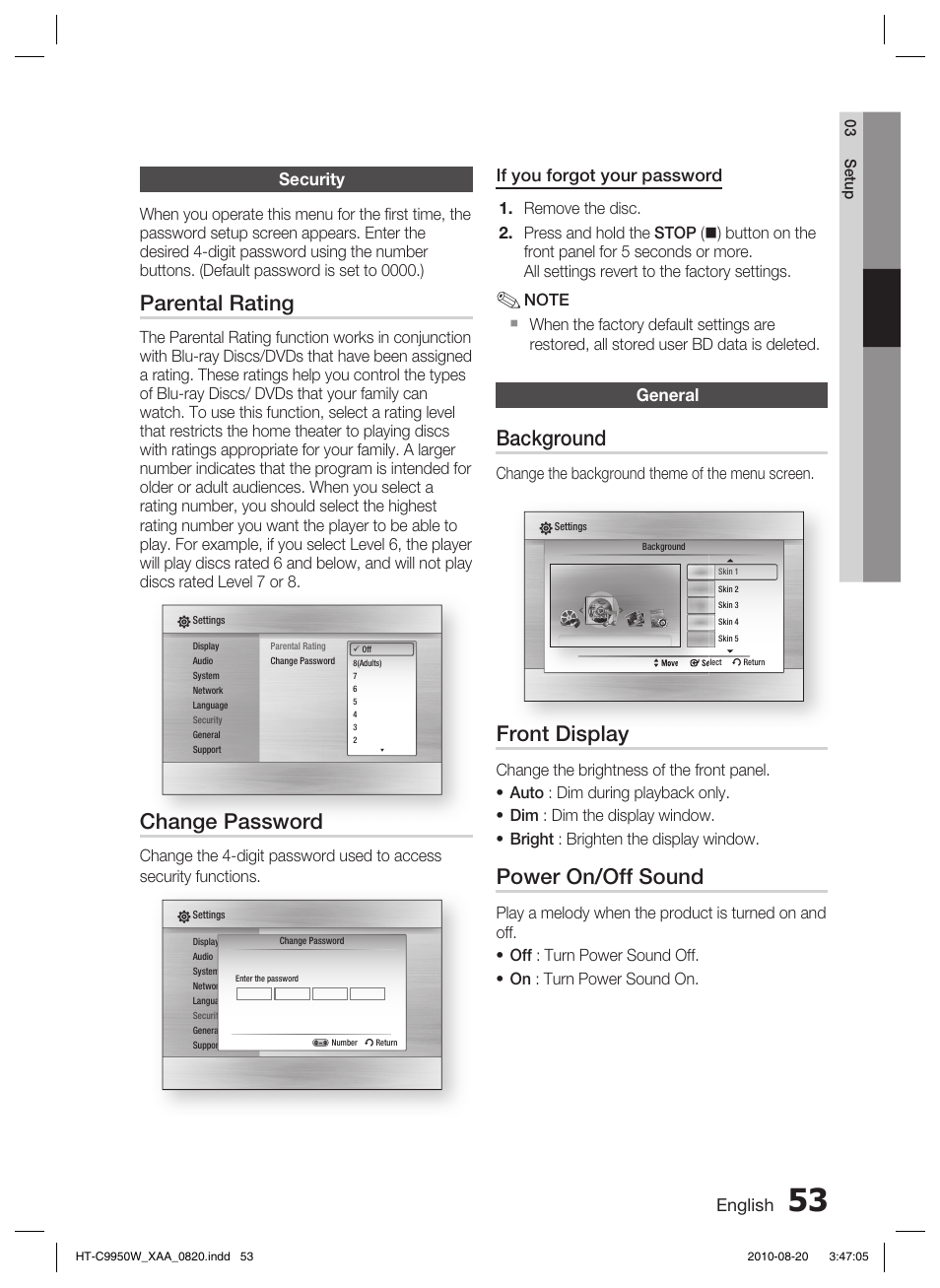 Security, General, Parental rating | Change password, Background, Front display, Power on/off sound, English, If you forgot your password, Change the background theme of the menu screen | Samsung HT-C9950W-XAA User Manual | Page 53 / 85