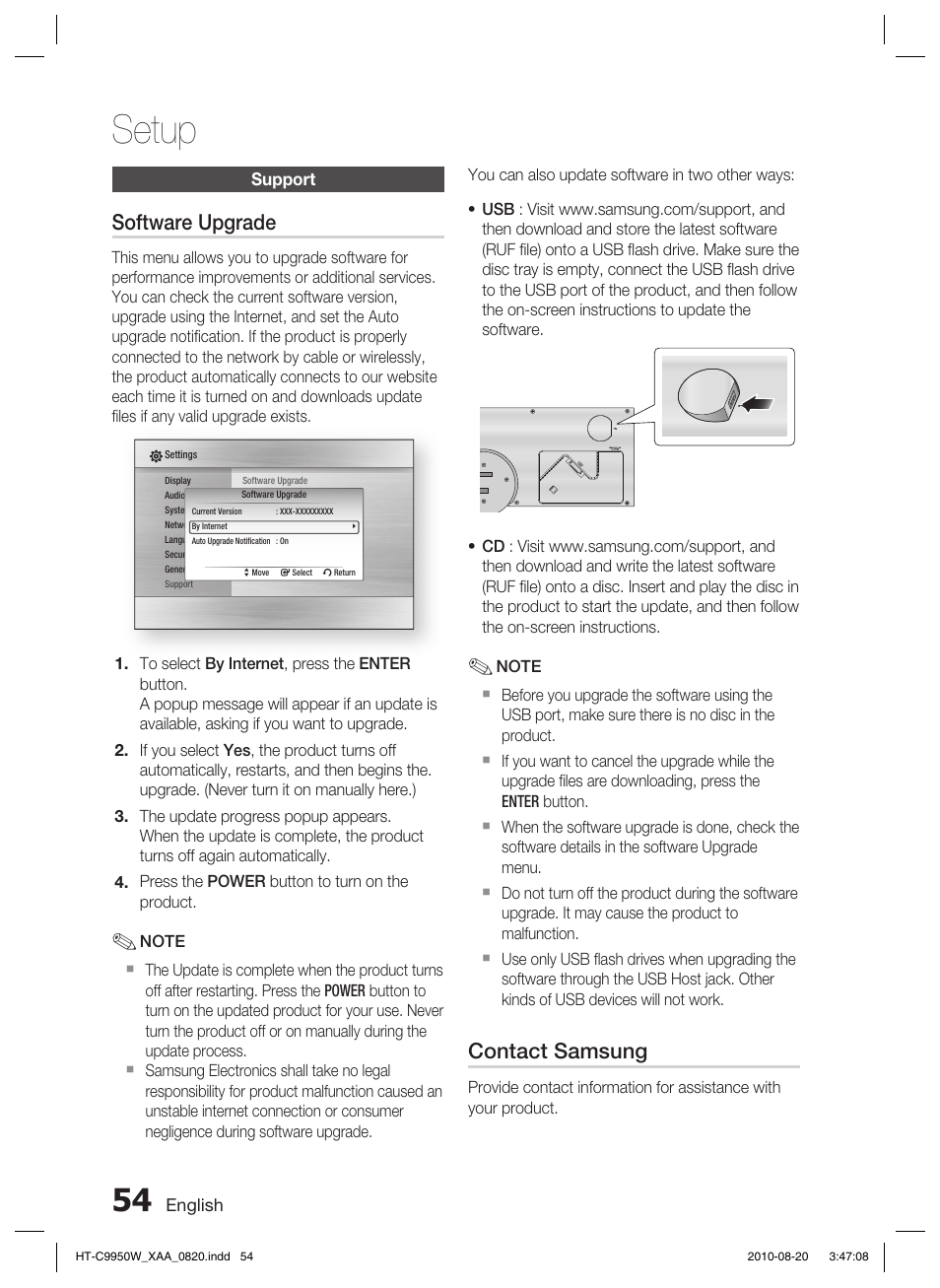 Support, Setup, Software upgrade | Contact samsung | Samsung HT-C9950W-XAA User Manual | Page 54 / 85