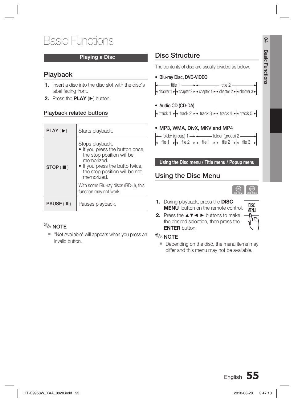 Basic functions, Playing a disc, Using the disc menu / title menu / popup menu | Playback, Disc structure, Using the disc menu | Samsung HT-C9950W-XAA User Manual | Page 55 / 85