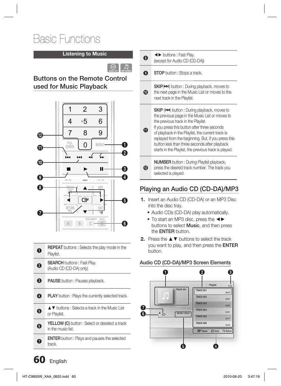 Listening to music, Basic functions, Playing an audio cd (cd-da)/mp3 | Samsung HT-C9950W-XAA User Manual | Page 60 / 85