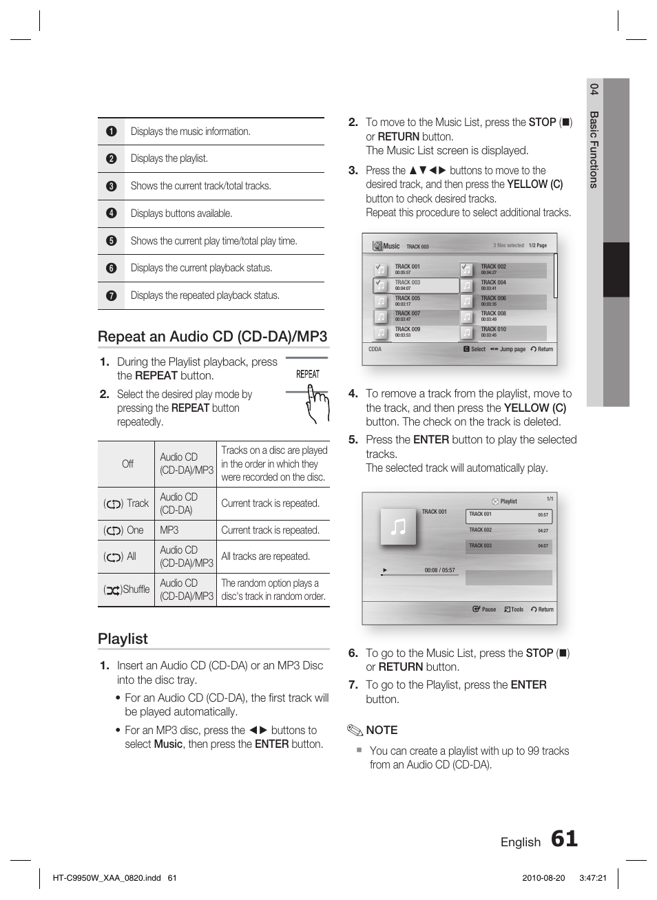Repeat an audio cd (cd-da)/mp3, Playlist, English | Samsung HT-C9950W-XAA User Manual | Page 61 / 85