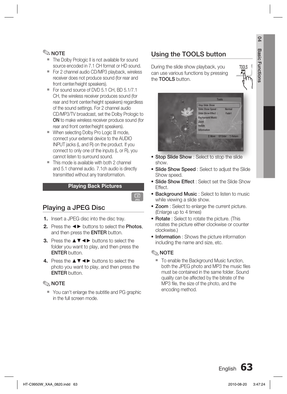 Playing back pictures, Using the tools button, Playing a jpeg disc | Samsung HT-C9950W-XAA User Manual | Page 63 / 85