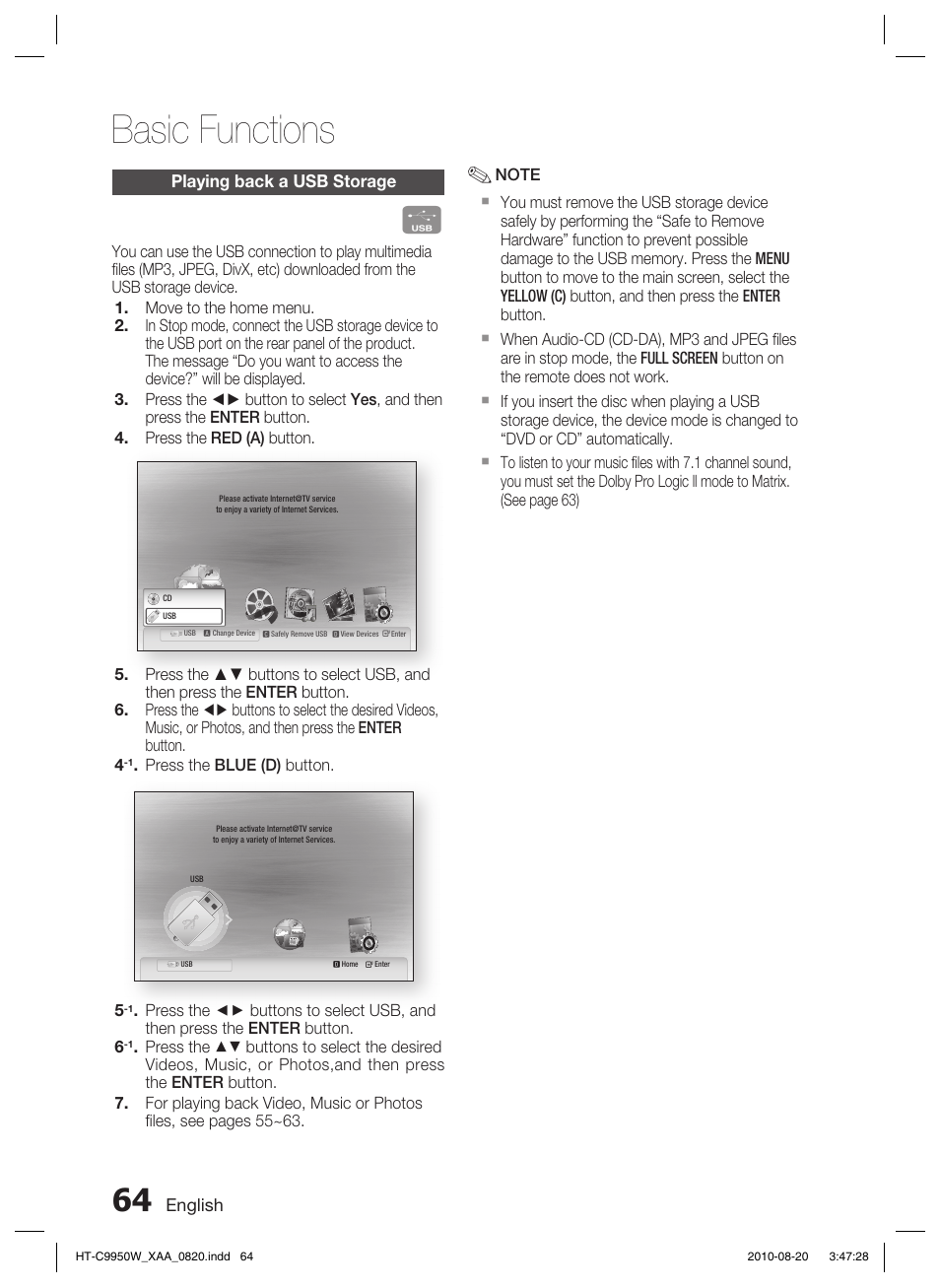 Playing back a usb storage, Basic functions, English | Samsung HT-C9950W-XAA User Manual | Page 64 / 85