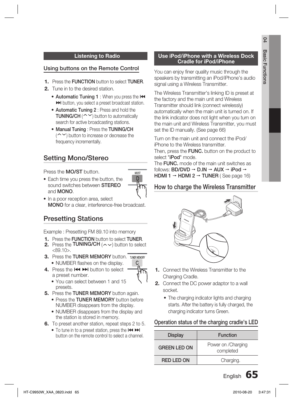 Listening to radio, Setting mono/stereo, Presetting stations | How to charge the wireless transmitter, Operation status of the charging cradle's led | Samsung HT-C9950W-XAA User Manual | Page 65 / 85