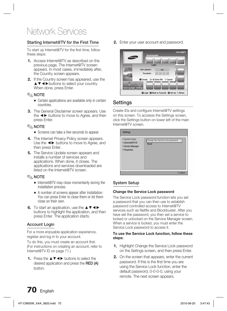 Network services, Settings | Samsung HT-C9950W-XAA User Manual | Page 70 / 85