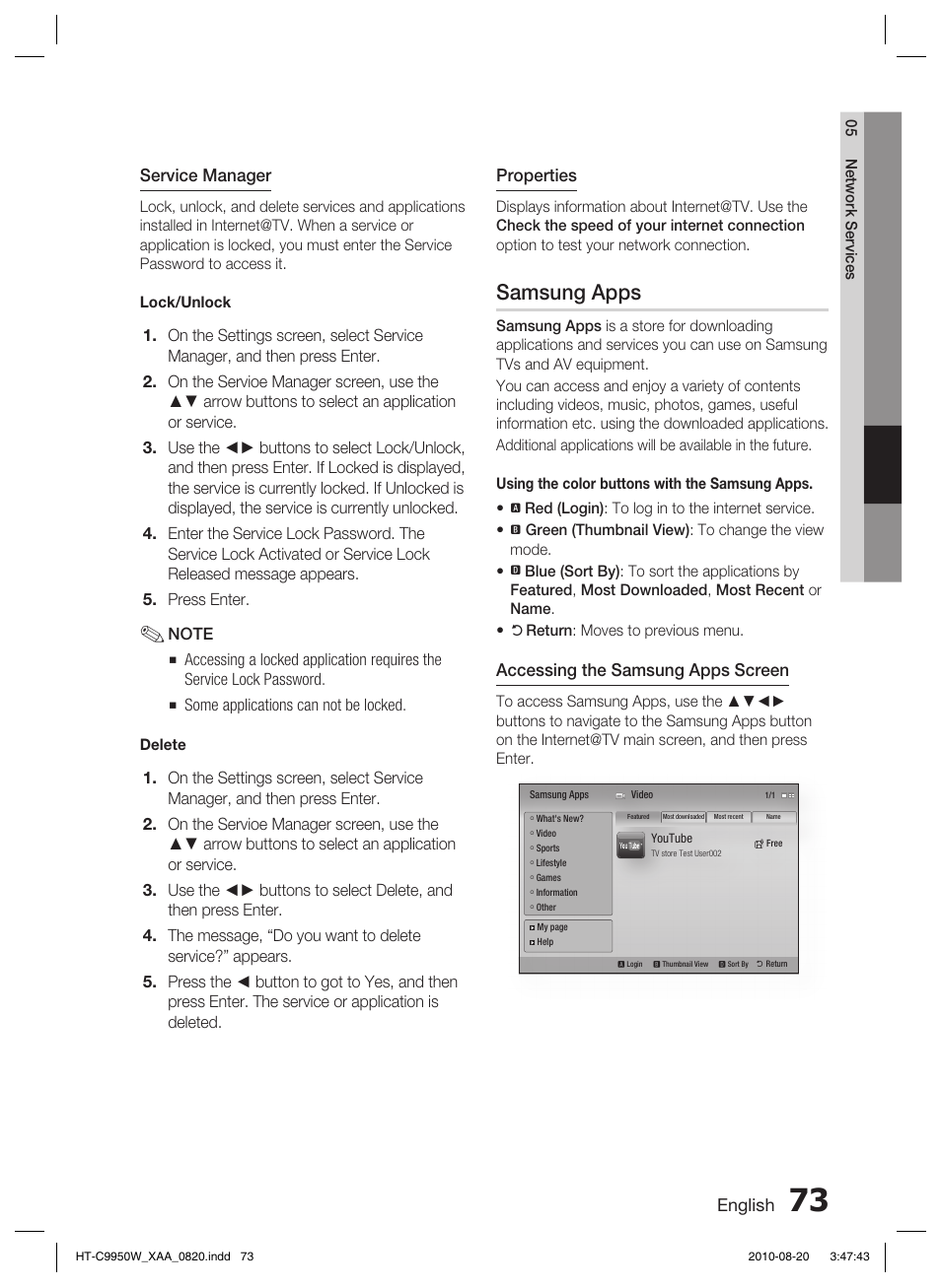 Samsung apps, English, Service manager | Properties, Accessing the samsung apps screen | Samsung HT-C9950W-XAA User Manual | Page 73 / 85