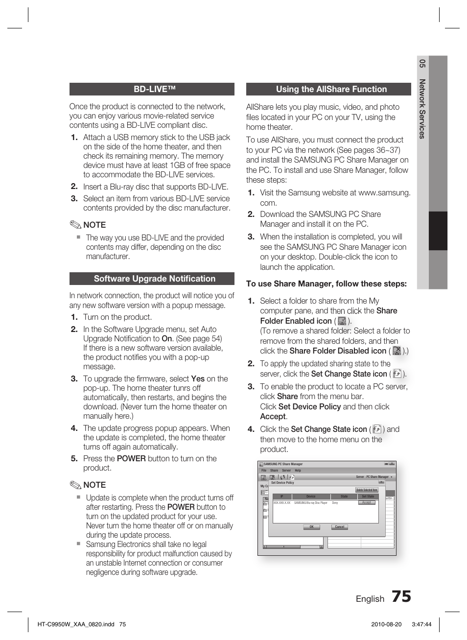 Bd-live, Software upgrade notifi cation, Using the allshare function | English, Software upgrade notiﬁ cation | Samsung HT-C9950W-XAA User Manual | Page 75 / 85