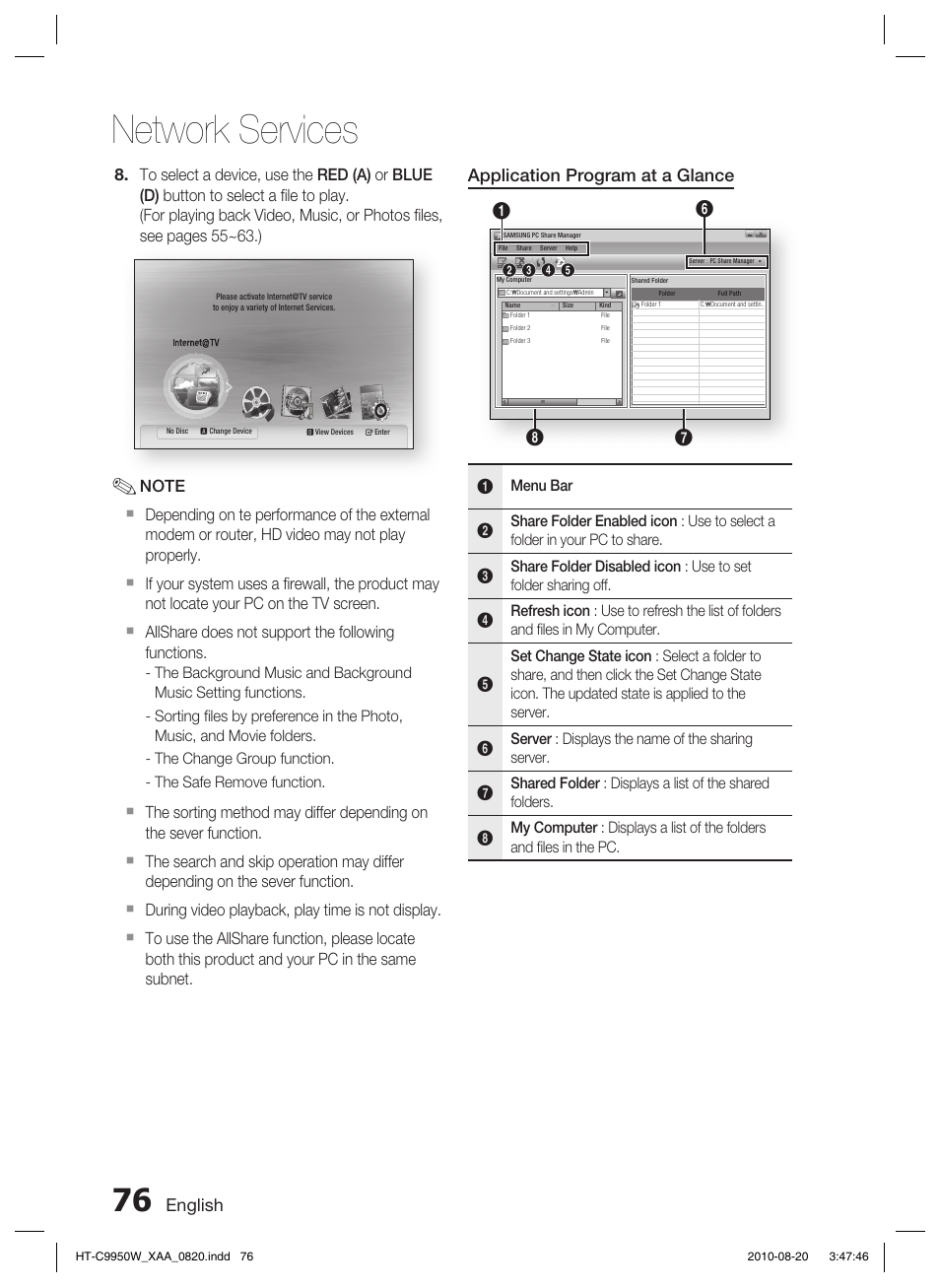 Network services, English, Application program at a glance | Samsung HT-C9950W-XAA User Manual | Page 76 / 85